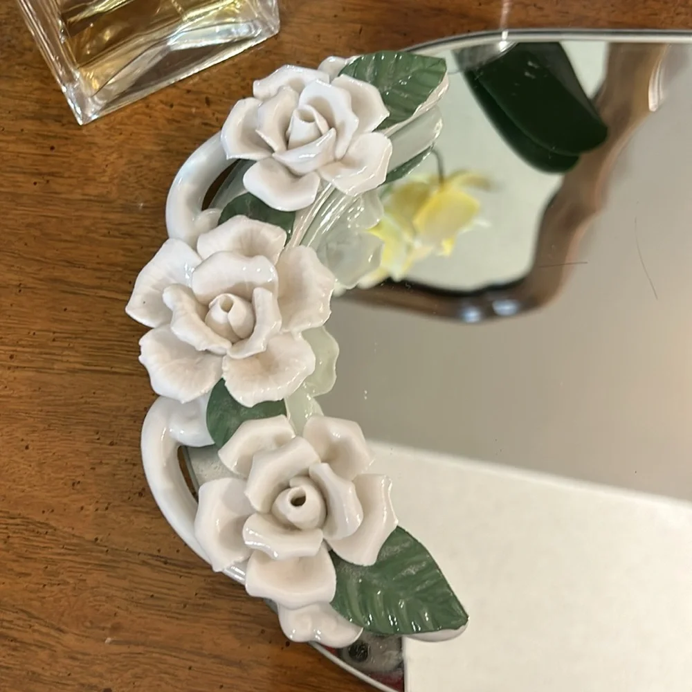 Vintage white floral mirrored tray